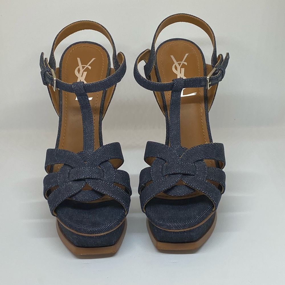 YSL Tribute T-Strap Sandal - Denim